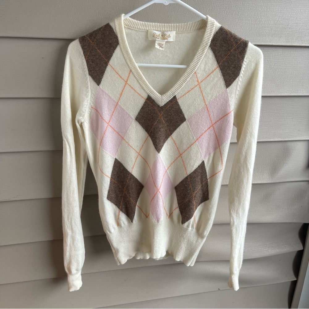 Peck &‎ Peck Cashmere Pullover Diamond Pattern V-Neck Size S Knit Cream Brown